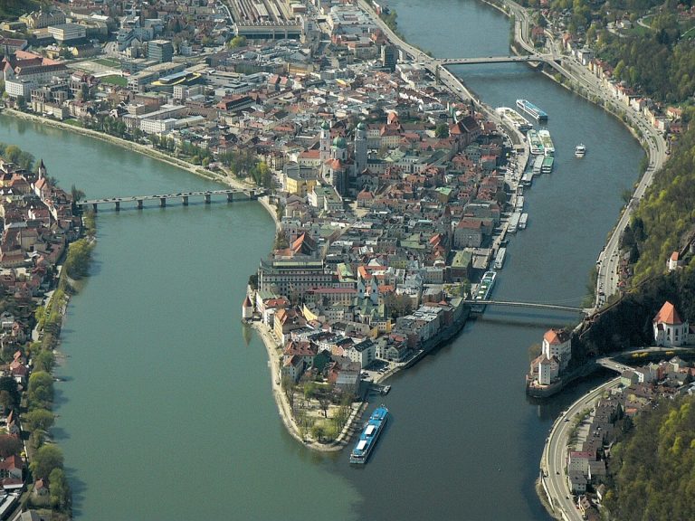 Passau, aerial of the three rivers