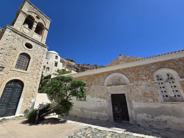 Monemvasia Main square, bell tower and Church of Elkomenos Christos (2)