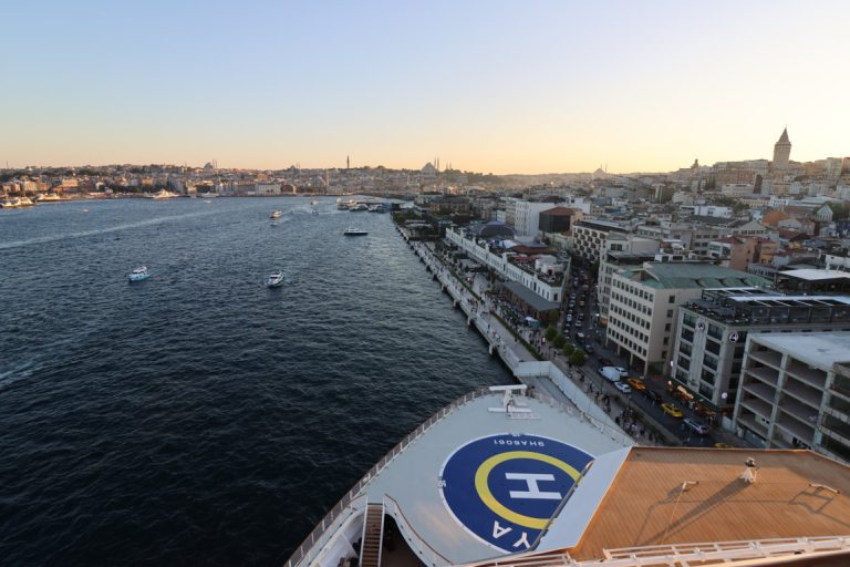 Sunset over Galataport with AROYA bow