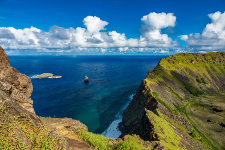 Rano Kau volcano depression and Tangata matu islets in Rapa Nui island