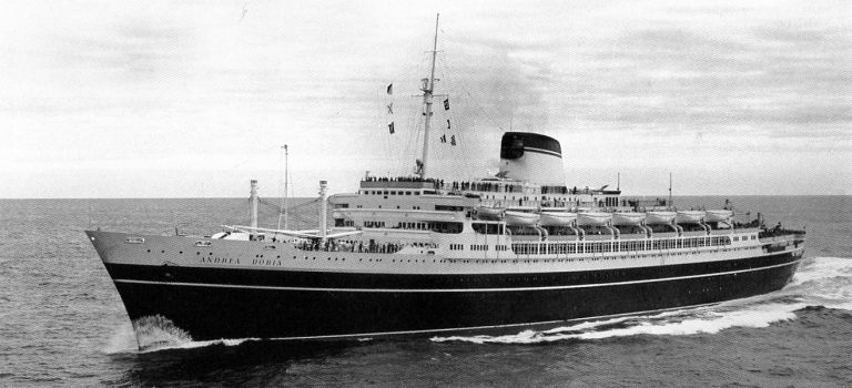 The Andrea Doria, the famous Italian ocean liner that sank in 1956 following a collision with the Swedish liner Stockholm.