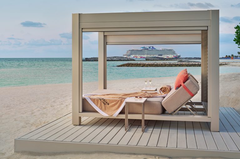 Vibe Shore Club, the adults-only area with daybeds, private cabanas, and a private bar