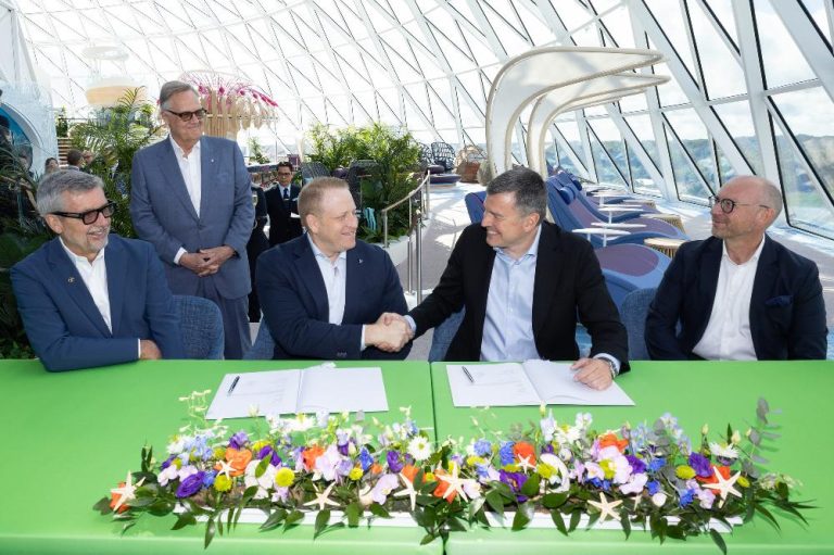 Royal Caribbean President and CEO Michael Bayley; Royal Caribbean Group Chairman and CEO Jason Liberty; EVP of Maritime & Newbuilding, Harri Kulovaara, Royal Caribbean Group; Meyer Turku CEO Casimir Lindholm and Deputy CEO Ville Saksi. Royal Caribbean President and CEO Michael Bayley; Royal Caribbean Group Chairman and CEO Jason Liberty; EVP of Maritime & Newbuilding, Harri Kulovaara, Royal Caribbean Group; Meyer Turku CEO Casimir Lindholm and Deputy CEO Ville Saksi.